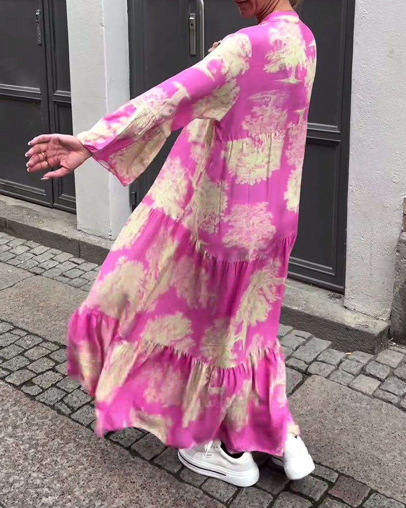 Maxišaty s potiskem, volánkovými rukávy a stojáčkovým límcem – stylové a vzdušné