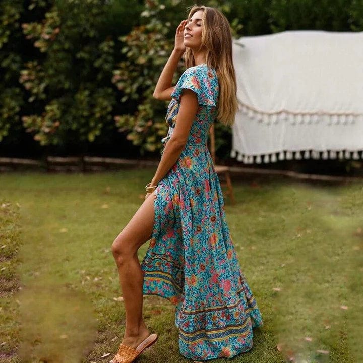 Boho maxišaty se zavinovacím střihem a vysokým rozparkem