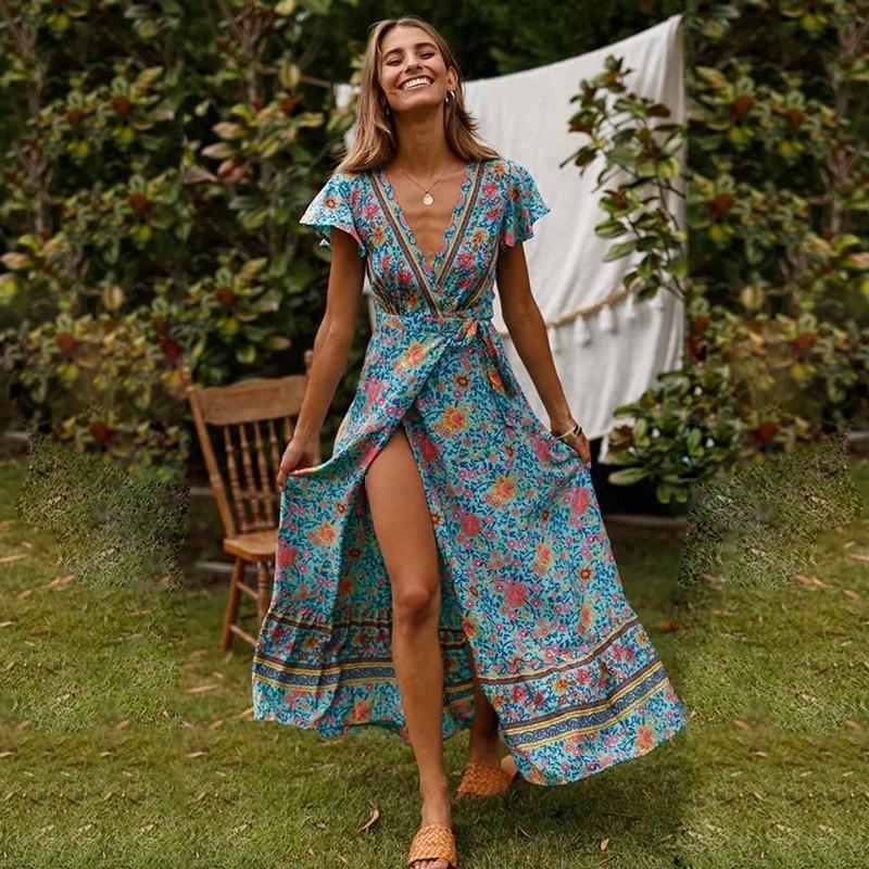 Boho maxišaty se zavinovacím střihem a vysokým rozparkem