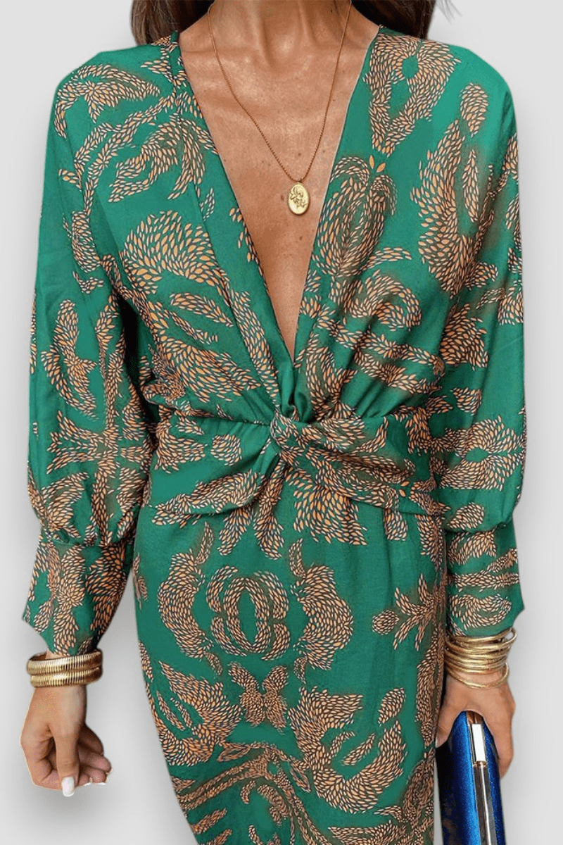 Elegantní midi šaty s twist detailem a květinovým motivem – nadčasové a stylové